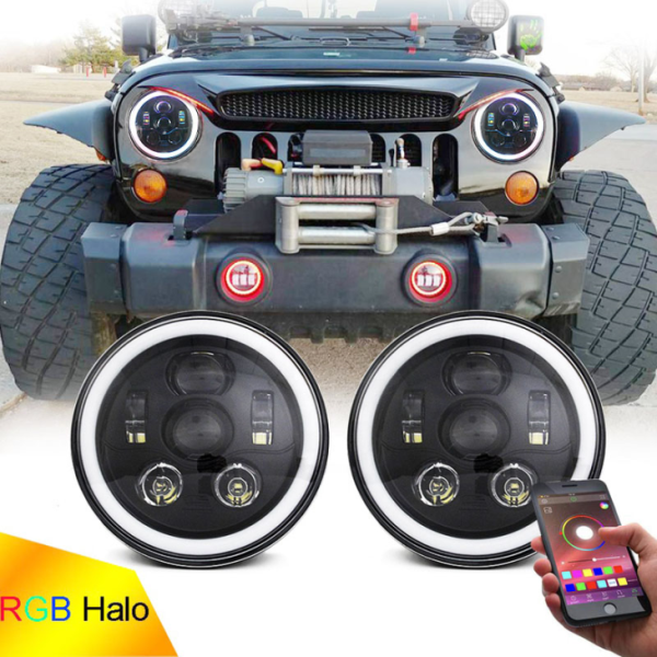 RGB Halo LED-strålkastare 7 tum för Jeep Wrangler JK JL Multifunktion RGB-strålkastare